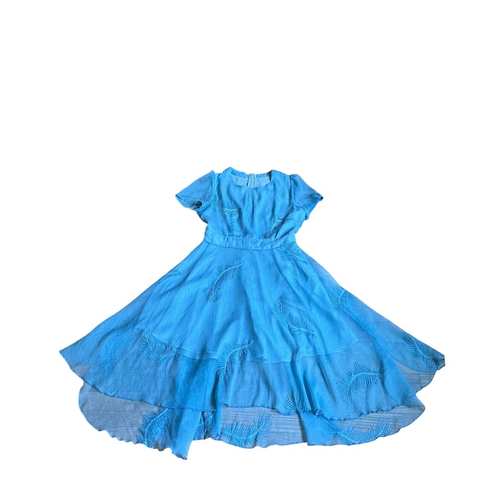 Light Blue Feather Embroidered High Low Midi Dress M Soft Girl Pastel Ethereal‎